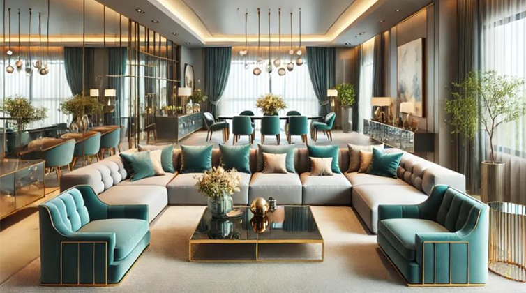 Rectangular living room (1) مبلمان سبز و میز ناهار خوری