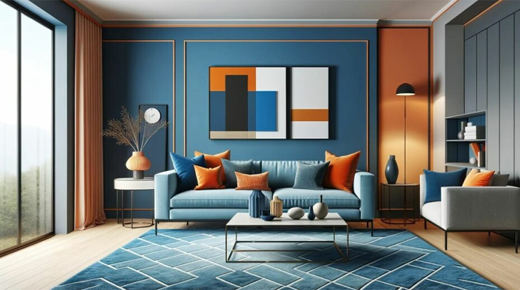 Rectangular living room (11) مبل و دیوار آبی و نارنجی