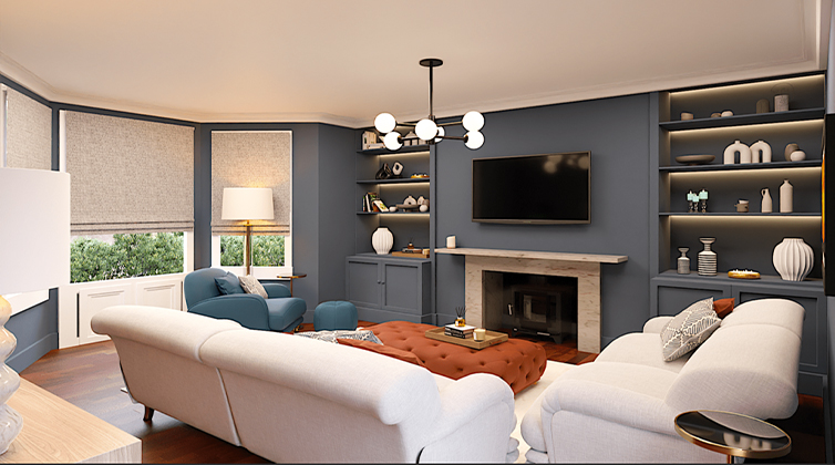 Rectangular living room (2) دیوار های رنگ شده و مبلمان سفید