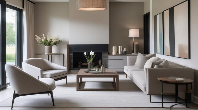 Rectangular living room (6) مبلمان با رنگ خنثی و ابعاد کوچک