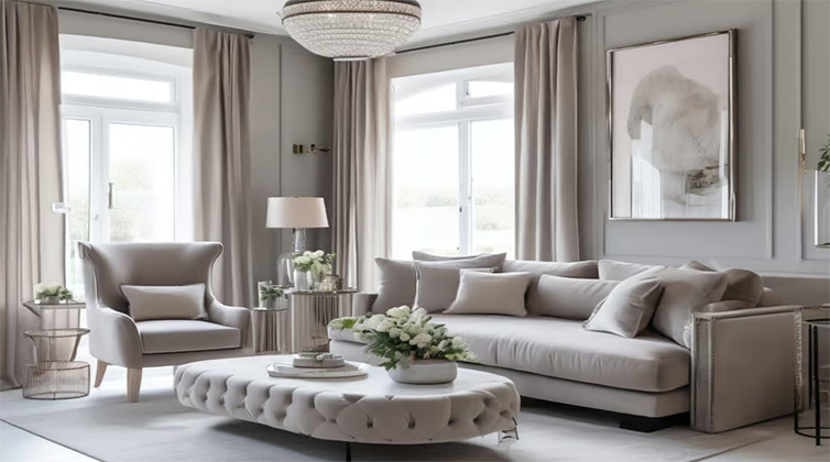 Rectangular living room (8) مبلمان کرم و پرده بلند