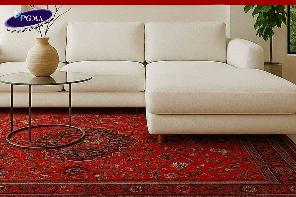 فرش قرمز و مبل سفید در خانه