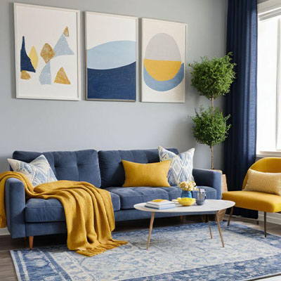 Decoration and furniture painting10 نقاشی دکوراسیون و مبلمان سرمه ای و ابی با کوسن وشال مبل زرد