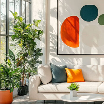 Decoration and furniture painting11 مبل کرم با کوسن های زرد و طوسی در دکور خانه مدرن