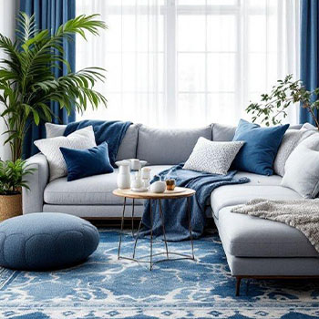 Luxury homelayout14 چیدمان خانه لوکس با مبل طوسی و کوسن های ابی