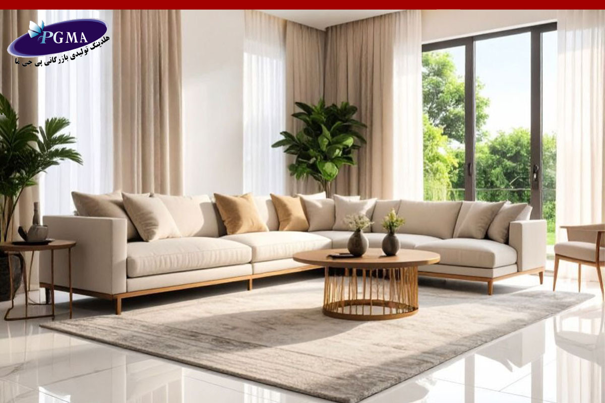 چیدمان لوکس خانه با مبل کرم و پرده نسکافه ای