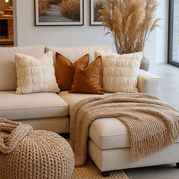 Seasonal decoration5 مبلمان کرم با کوسن های نارنجی در دکوراسیون فصلی پاییز