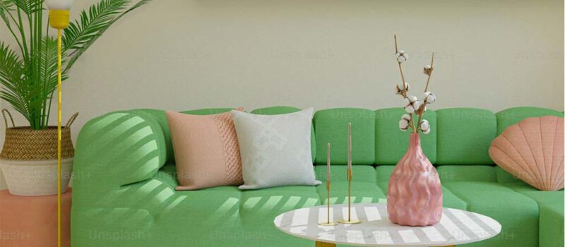 Cushions in beauty and decoration (2) مبل سبز با کوسن هایه سفید و صورتی