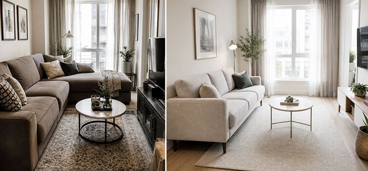 Buying-a-sofa-for-a-small-home2 انتخاب چیدمان منزل دو عکس از یک اتاق پذیرایی با چیدمان شلوغ و خلوت
