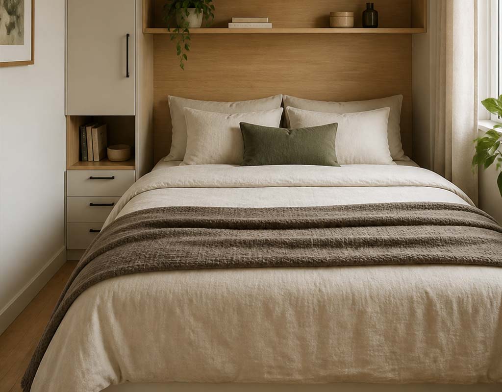 Small Bedroom Layout (4) تصویری که چیدمان اتاق خواب کوچیک را نشان میدهد