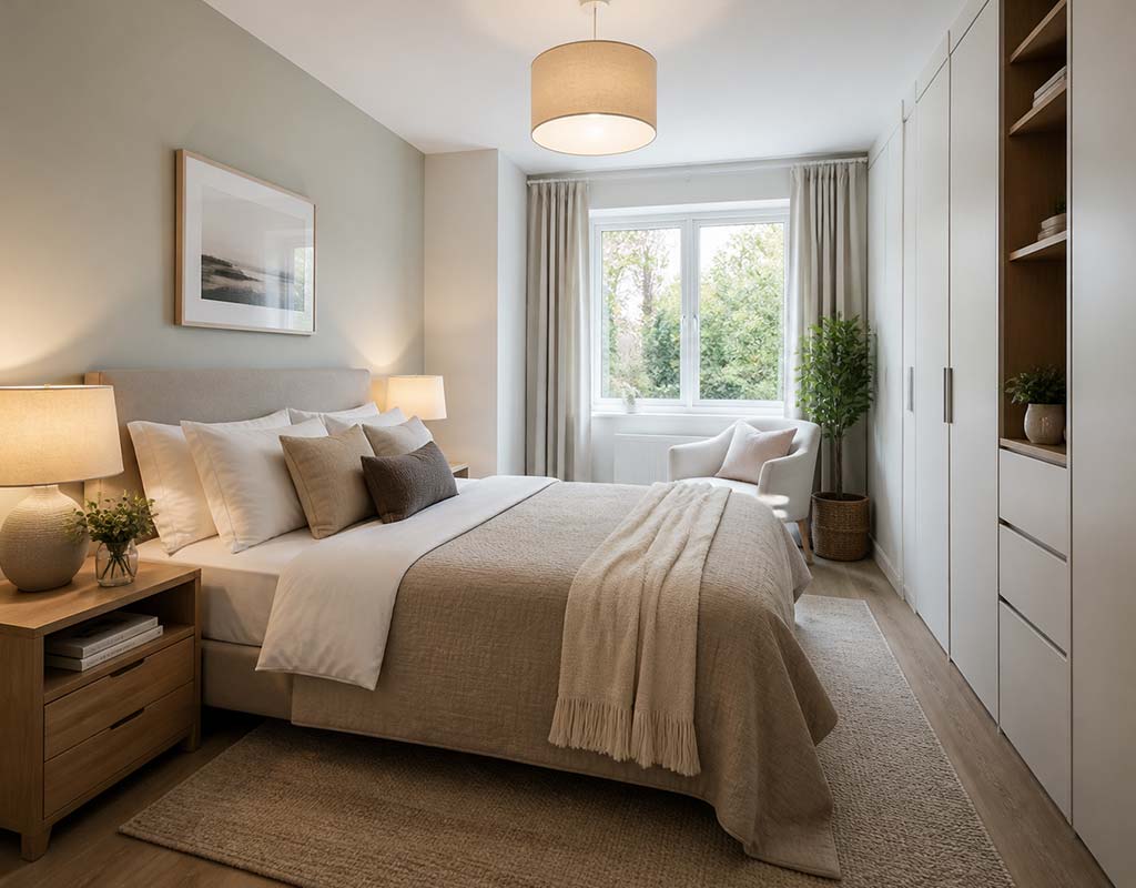 Small Bedroom Layout (5) تصویری که چیدمان اتاق خواب کوچیک را نشان میدهد