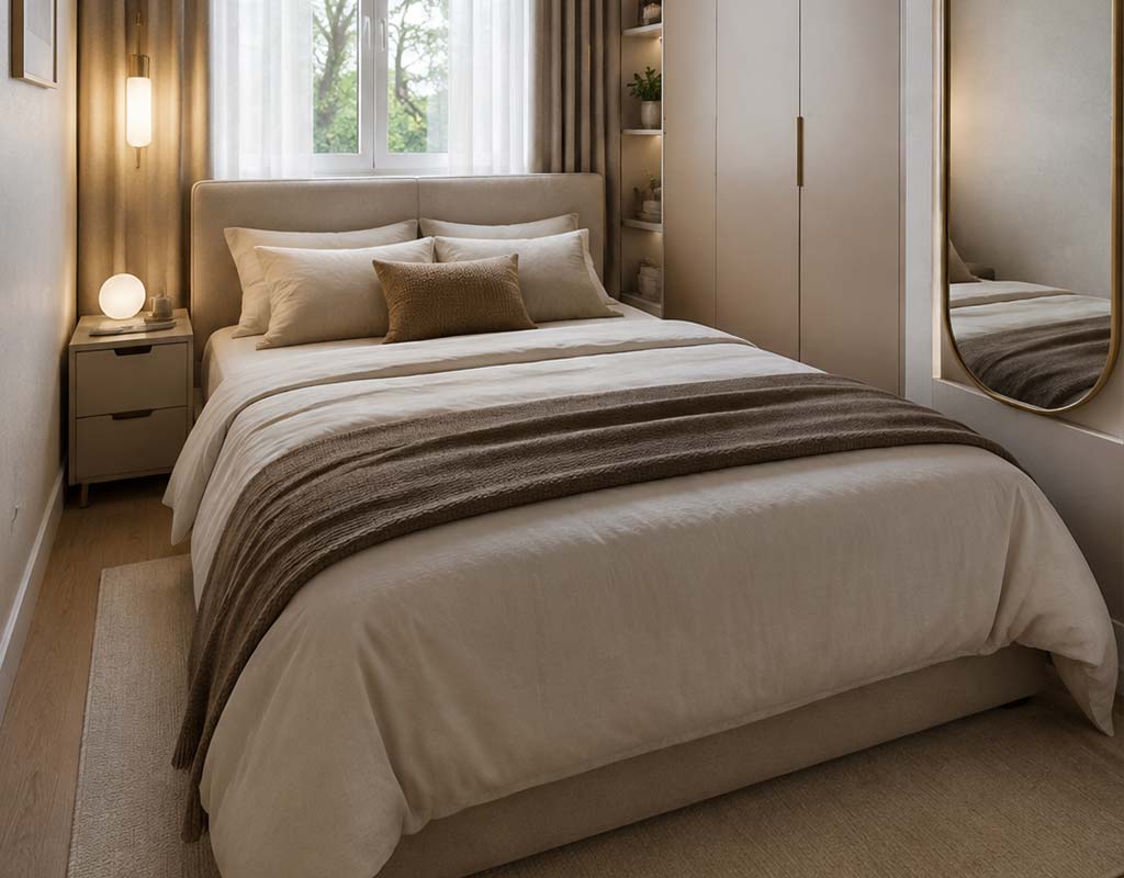 Small Bedroom Layout (6) تصویری که چیدمان اتاق خواب کوچیک را نشان میدهد